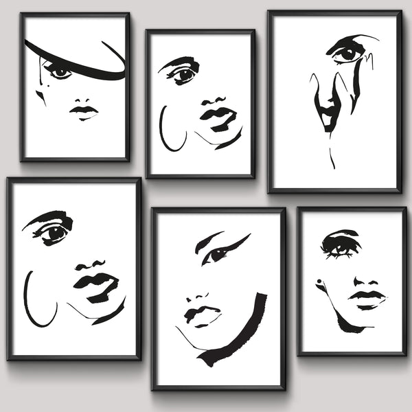 framed gallery wall of abstract faces