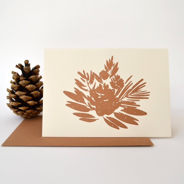letterpress printed christmas card featuring  pine cones