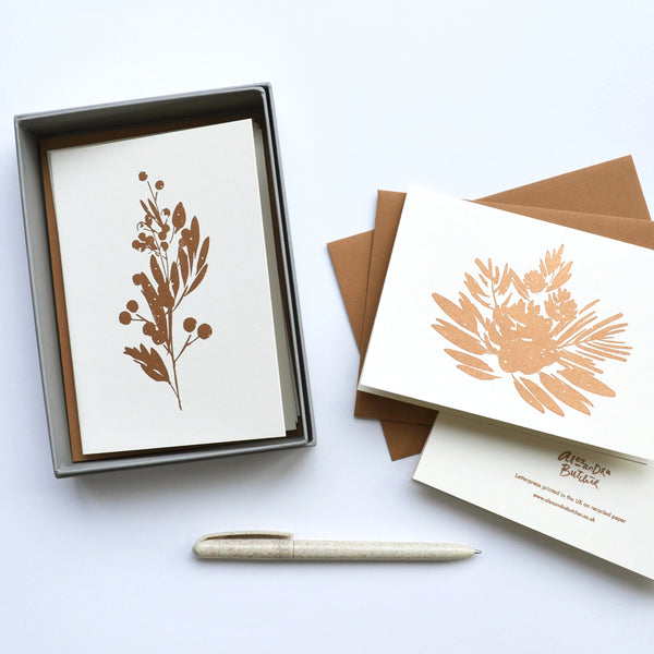 Boxed set of letterpress christmas cards in metallic copper
