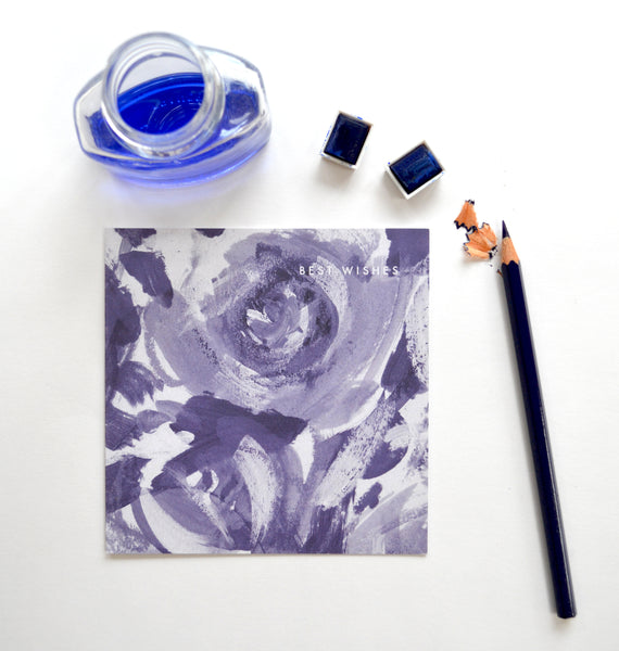best wishes greeting card with blue painterly flower design